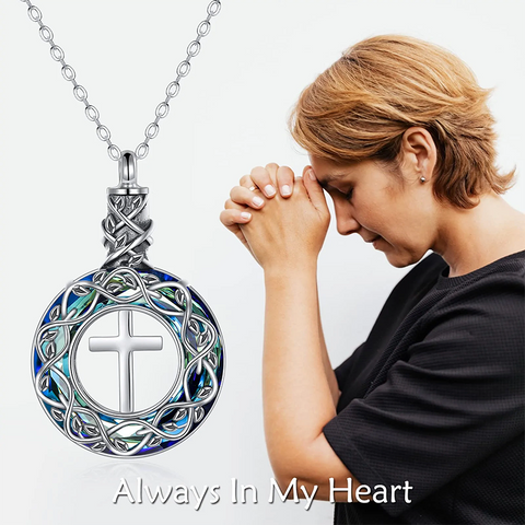 Sterling Silver Crystal Cross Tree of Life Urn Necklace for Ashes