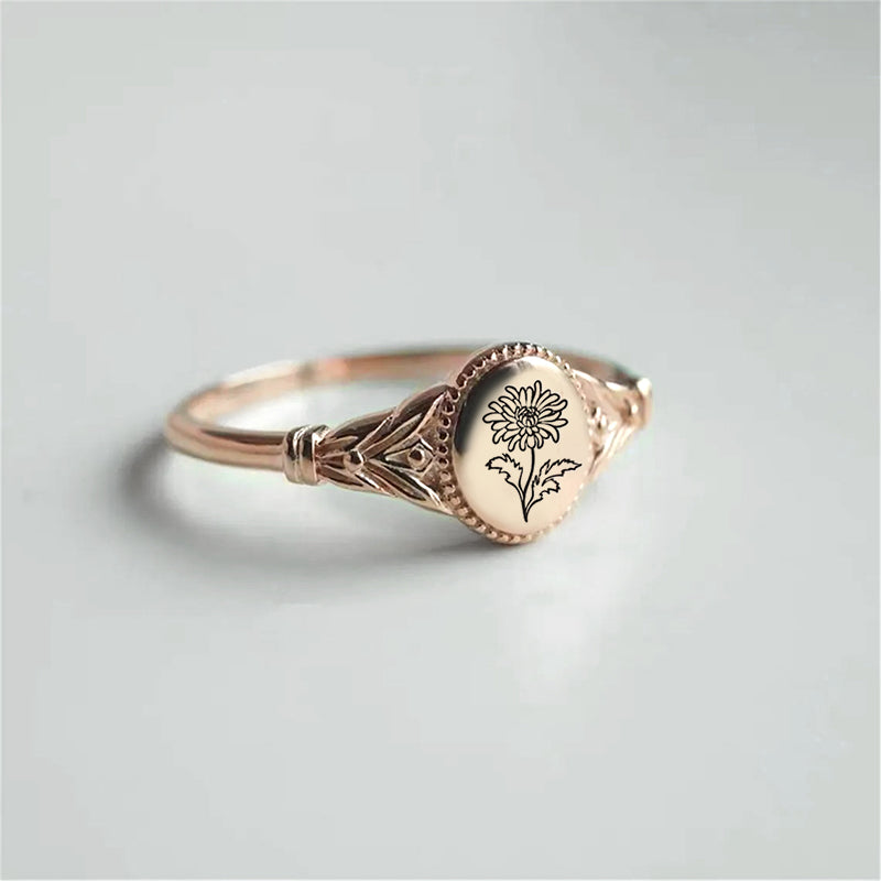 925 Sterling Silver Birth Flower Ring Vintage Flower Signet Ring Mother's Day Gift
