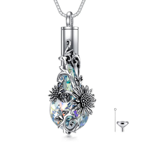 Sterling Silver Crystal Rose Sunflower Flower Urn Necklace for Ashes
