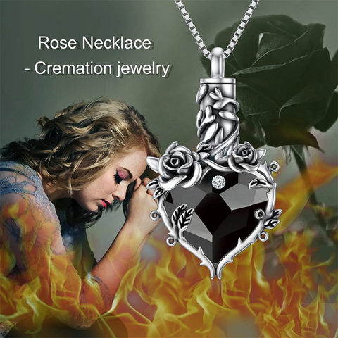 Sterling Silver Heart Crystal Rose Flower Urn Necklace for Ashes Cremation Jewelry