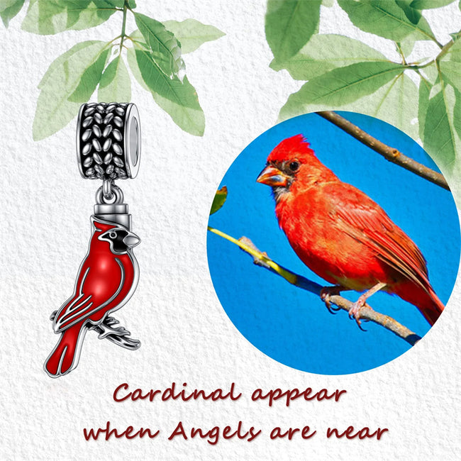 Red Cardinal Bird Charm 925 Sterling Silver Dangle Bead Fit Bracelet "Our Love Never Dies" Gifts for Women