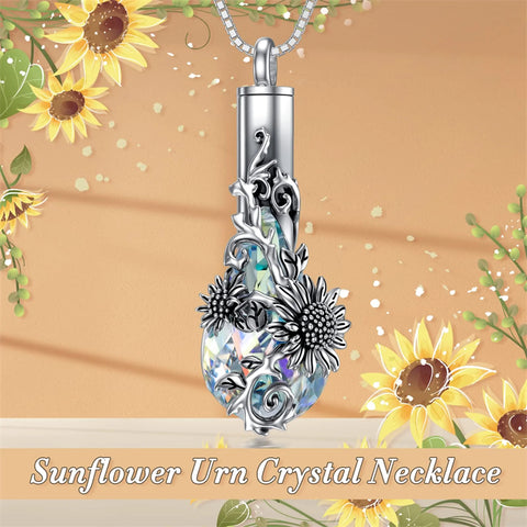 Sterling Silver Crystal Rose Sunflower Flower Urn Necklace for Ashes