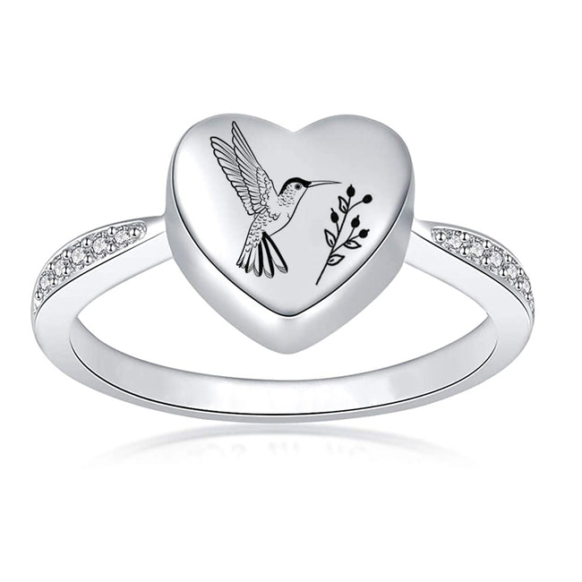 925 Sterling Silver Hummingbird Heart Urn Ring for Ashes I Carry You with Me Cremation Jewelry Hummingbird Ring