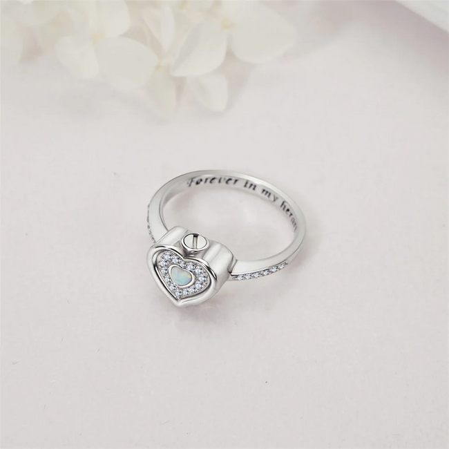 925 Sterling Silver Lab Opal Heart Urn Ring for Ashes Angel Wings Cremation Jewelry Keepsake Rings for Women Gifts