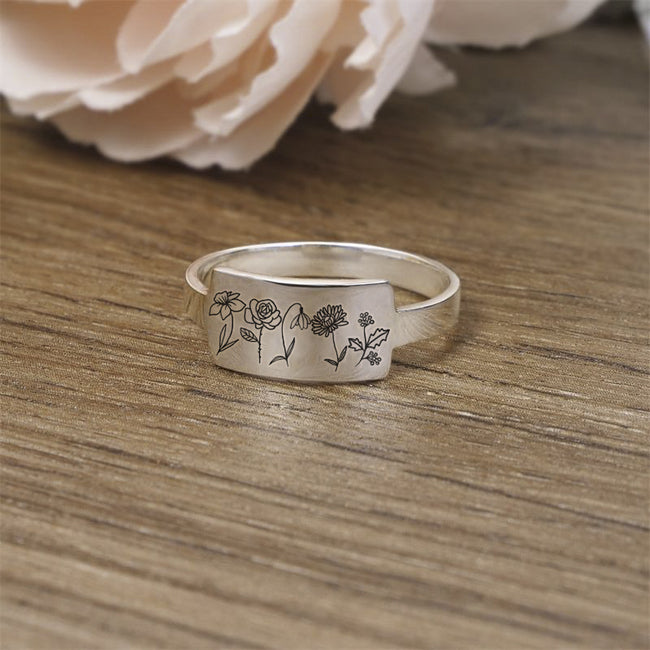 Sterling Silver Birth Month Flower Ring Custom Personalized Birth Flower Ring Birthday Gift For Her Mother's Day Gift