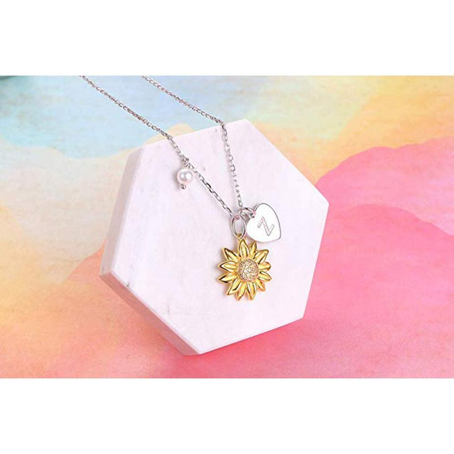 925 Sterling Silver Sunflower You Are My Sunshine Monogram Initial 26 Letter Pendant Custom A to Z Necklace