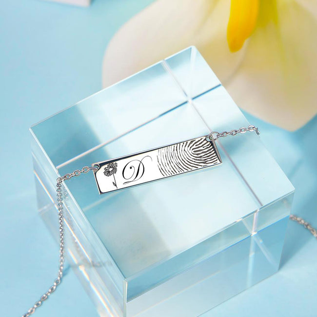 Sterling Silver Fingerprint Necklace Birth Flower Necklace Initial Necklace Personalized Bar Necklace