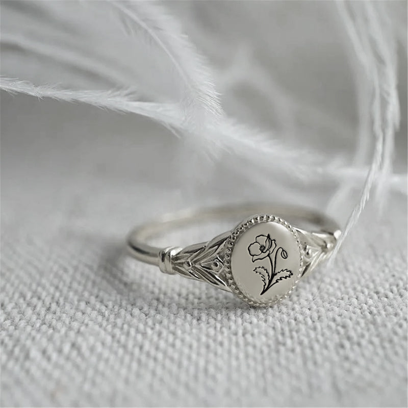 925 Sterling Silver Birth Flower Ring Vintage Flower Signet Ring Mother's Day Gift