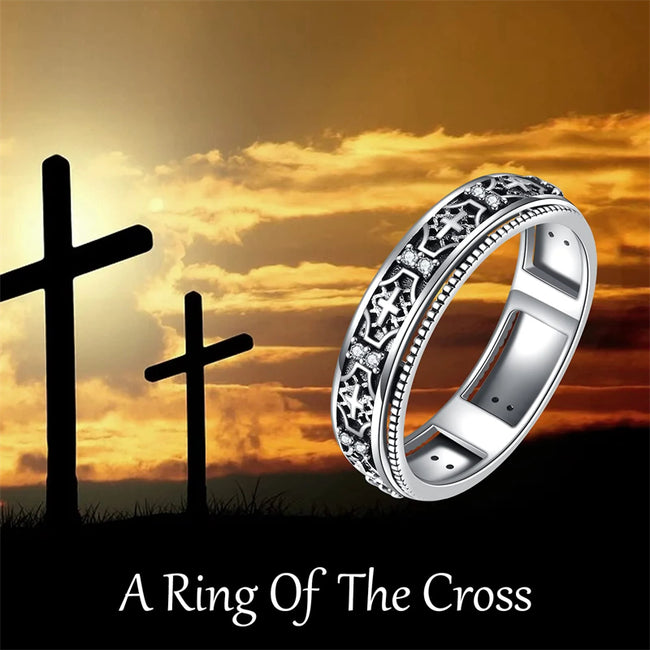 Fidget Ring Sterling Silver Cross Anxiety Ring for Women Praying Spinner Wide Band Statement Ring for Men Stress Relieving