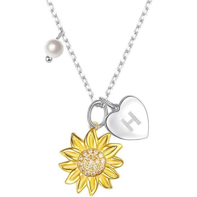 925 Sterling Silver Sunflower You Are My Sunshine Monogram Initial 26 Letter Pendant Custom A to Z Necklace