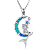 Sterling Silver Opal Sea Mermaid Crescent Moon Necklace Pendant for Girls Women Daughter