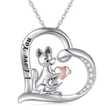 S925 Sterling Silver Mom Baby Kangaroo Necklace I Love You Mom CZ Heart Animal Pendant Jewelry Gifts for Women