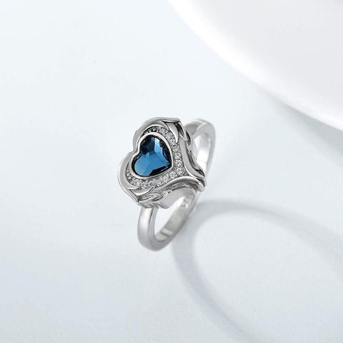 Sterling Silver Heart Crystal Angel Wing Urn Ring for Ashes
