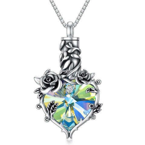 Sterling Silver Heart Crystal Rose Flower Urn Necklace for Ashes Cremation Jewelry