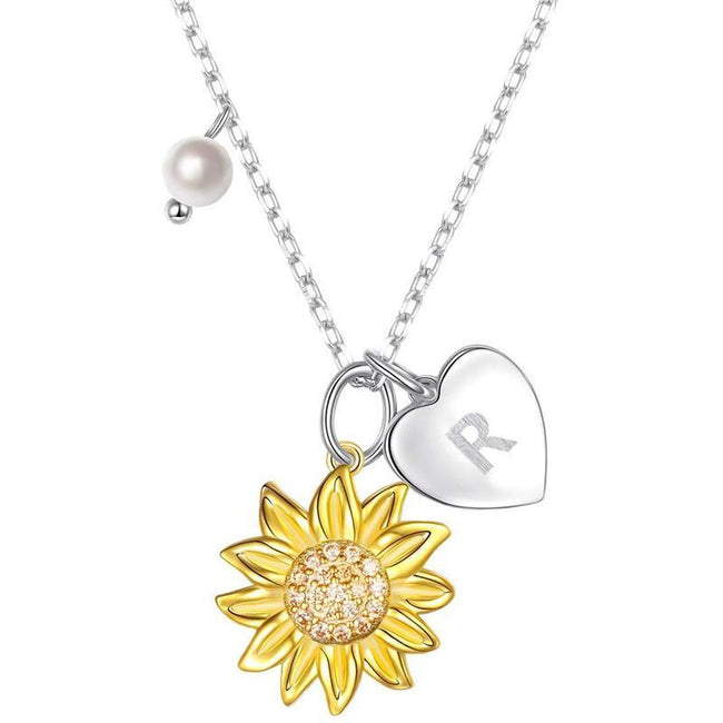 925 Sterling Silver Sunflower You Are My Sunshine Monogram Initial 26 Letter Pendant Custom A to Z Necklace