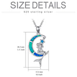Sterling Silver Opal Sea Mermaid Crescent Moon Necklace Pendant for Girls Women Daughter