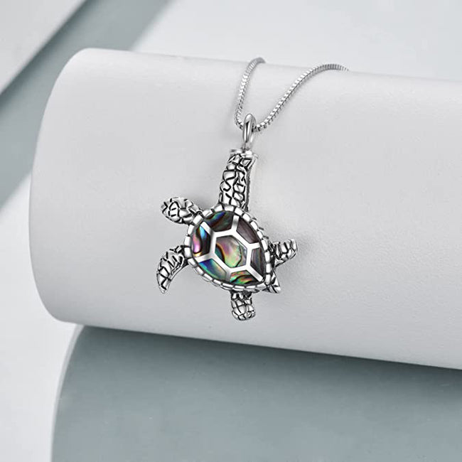 Sea Turtle Cremation Jewelry for Ashes Sterling Silver Urn Necklace Opal Abalone Shell Turtle Keepsake Memorial Necklace