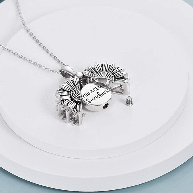 Sterling Silver Sunflower Urn Necklace For Ashes You Are My Sunshine Pendant Cremation Jewelry For Ashes