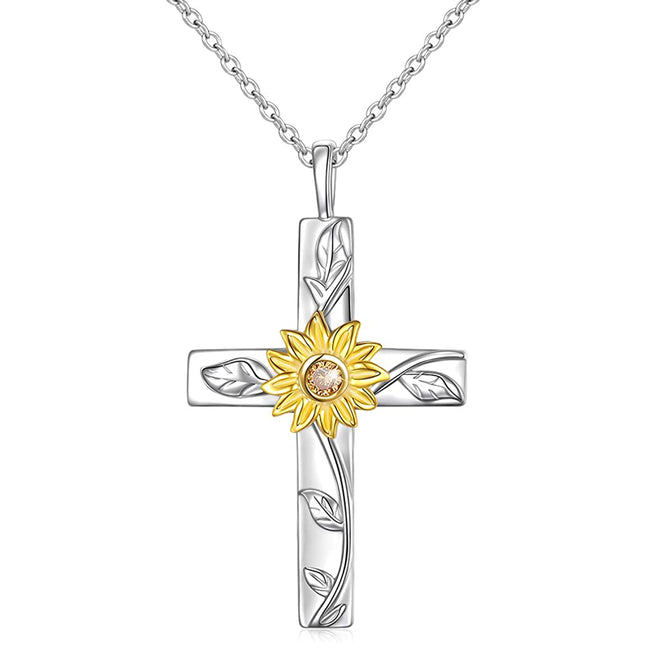 925 Sterling Silver Sunflower Cross Pendant Necklace, Faith Hope Love Jewelry for Women