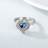 Angel Wing with Heart Urn Ring for Ashes Sterling Silver Cremation Memorial Keepsake Ring with Heart Crystal