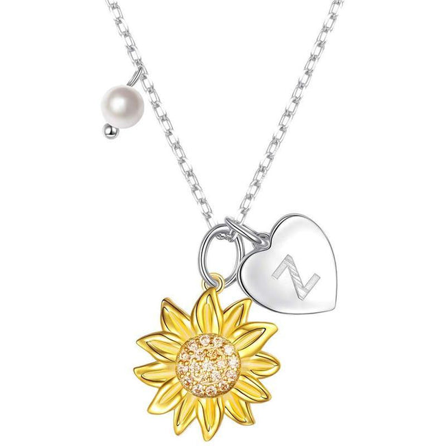 925 Sterling Silver Sunflower You Are My Sunshine Monogram Initial 26 Letter Pendant Custom A to Z Necklace