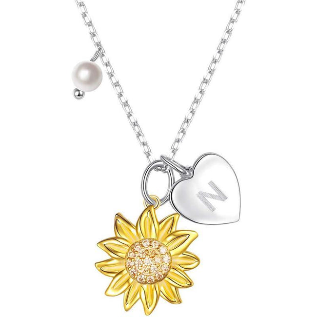 925 Sterling Silver Sunflower You Are My Sunshine Monogram Initial 26 Letter Pendant Custom A to Z Necklace