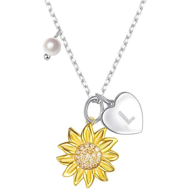 925 Sterling Silver Sunflower You Are My Sunshine Monogram Initial 26 Letter Pendant Custom A to Z Necklace
