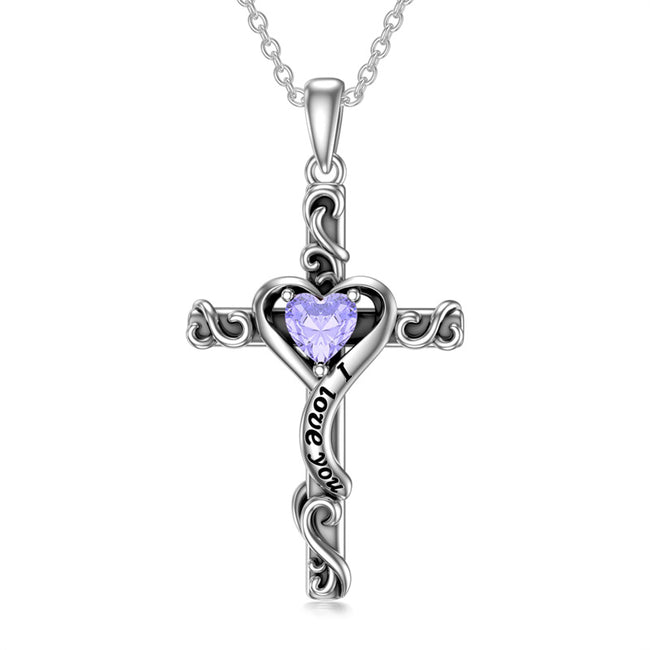 Birthstone Cross Necklaces for Women Sterling Silver I Love You Heart Cross Pendant Necklace