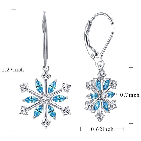 925 Sterling Silver CZ Snowflake Leverback Earrings Ring White/Blue Snowflake Jewelry