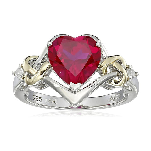 Sterling Silver 14K Yellow Gold Diamond Heart Shaped Created Ruby Ring for Wedding Anniversary