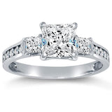 Solid 925 Sterling Silver Highest Quality CZ Cubic Zirconia 3 Three Stone Engagement Ring Wedding Ring - Princess Cut Solitaire with Round Side Stones (1.75cttw., 1.5ct. Center)