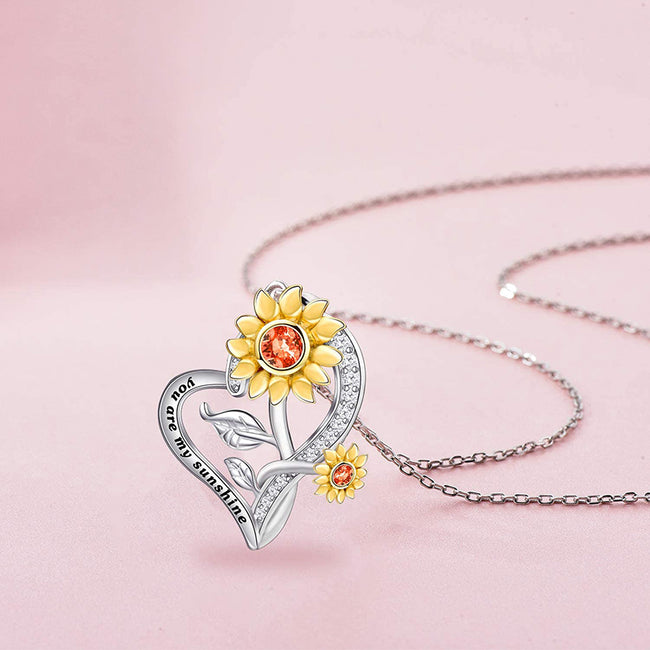 Sunflower Necklace S925 Sterling Silver Heart Flower Necklace You are My Sunshine Necklaces Christmas Gifts for Women