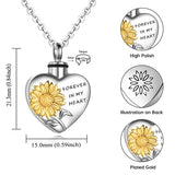 925 Sterling Silver Urn Necklace for Ashes Sunflower Heart-shaped Cremation Jewelry