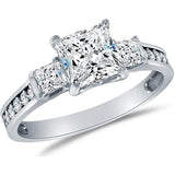 Solid 925 Sterling Silver Highest Quality CZ Cubic Zirconia 3 Three Stone Engagement Ring Wedding Ring - Princess Cut Solitaire with Round Side Stones (1.75cttw., 1.5ct. Center)