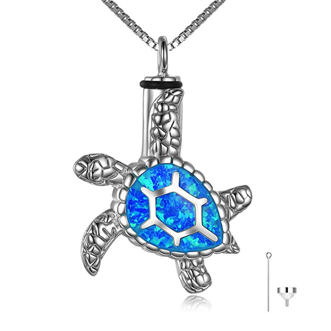 Sea Turtle Cremation Jewelry for Ashes Sterling Silver Urn Necklace Opal Abalone Shell Turtle Keepsake Memorial Necklace