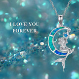 Sterling Silver Opal Sea Mermaid Crescent Moon Necklace Pendant for Girls Women Daughter