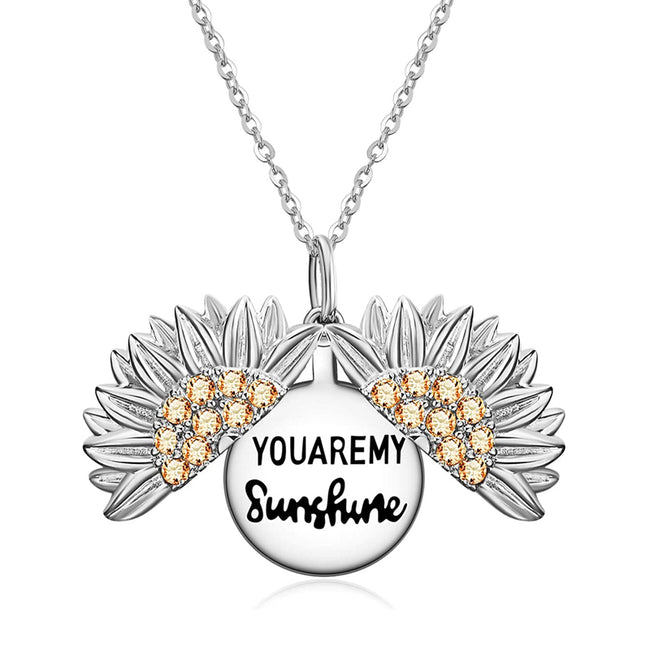 Sterling Silver Sunflower Necklace You are My Sunshine Jewelry For Women Locket with Engraved Message Gift For Her