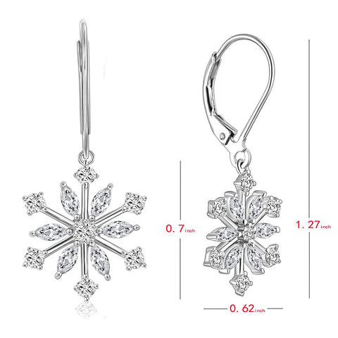 925 Sterling Silver CZ Snowflake Leverback Earrings Ring White/Blue Snowflake Jewelry