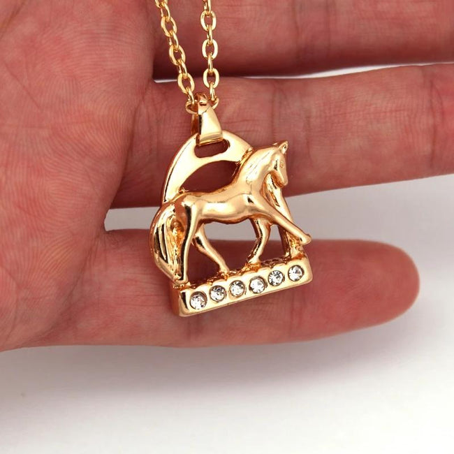 925 Sterling Silver Crystal Horse Stirrup and Horse Pendant Necklace Two Colors Gold and Silver Color Horse Necklaces Jewelry Gift Horse Necklace enjoy life creative Gold 