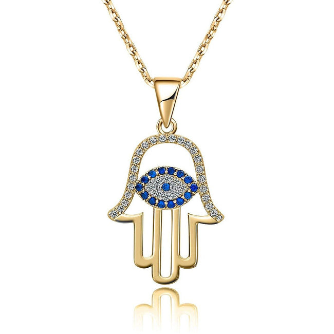 925 Sterling Silver Evil Eye Hamsa White Blue Cz Womens Pendant Necklace Evil Eys necklace enjoy life creative Gold 