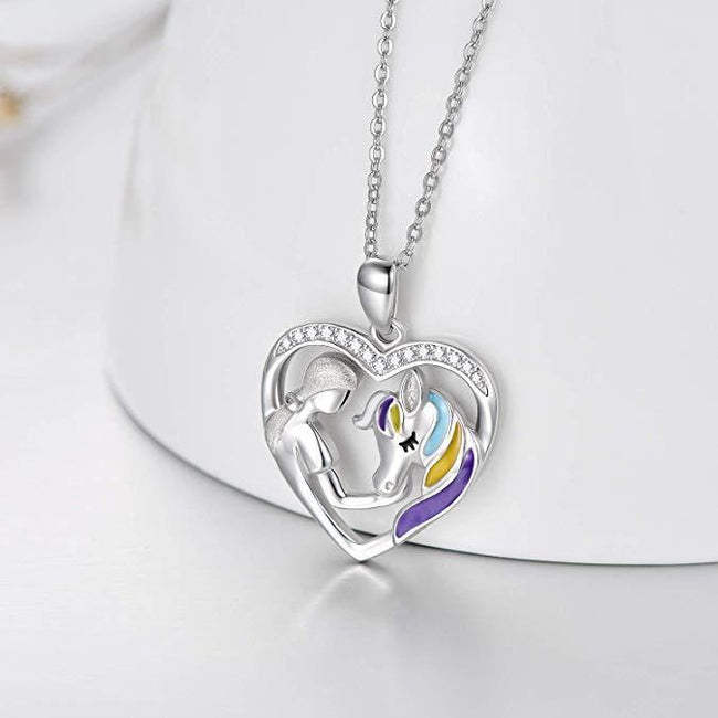 925 Sterling Silver Horse with Girl Heart Pendant Necklace for Girls, Teens, Women, Daughter, Girlfriend Sterling Silver Necklace enjoy life creative 