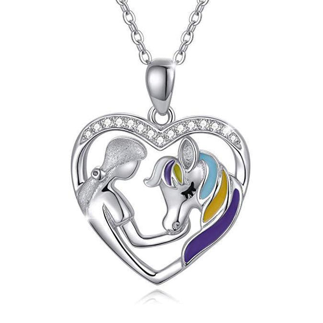 925 Sterling Silver Horse with Girl Heart Pendant Necklace for Girls, Teens, Women, Daughter, Girlfriend Sterling Silver Necklace enjoy life creative Rainbow Horse Necklace 