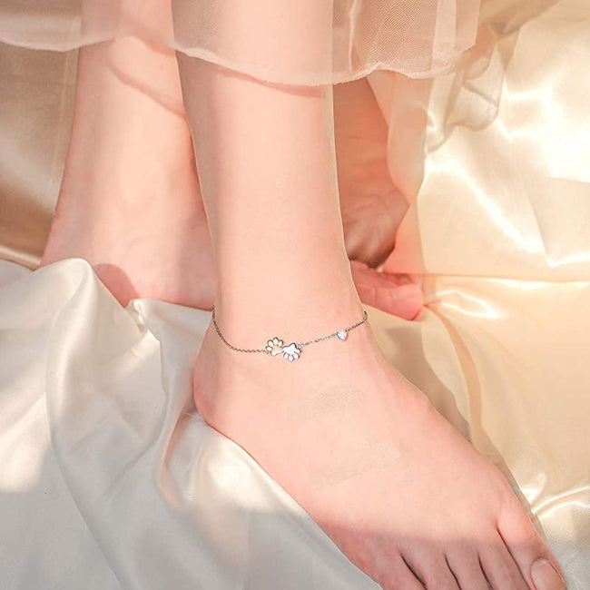 925 Sterling Silver Paw and Heart Anklet Cats Anklet for Women Girls Best Gifts Elegant Sexy Beach Casual Ankle Bracelet Jewelry stock romanticwork 