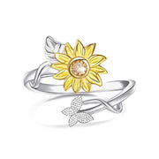 925 Sterling Silver Sunflower CZ Adjustable Ring Flower Ring
