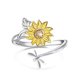 925 Sterling Silver Sunflower CZ Adjustable Ring Flower Ring
