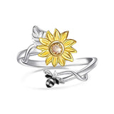 925 Sterling Silver Sunflower CZ Adjustable Ring Flower Ring