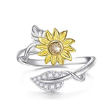 925 Sterling Silver Sunflower CZ Adjustable Ring Flower Ring