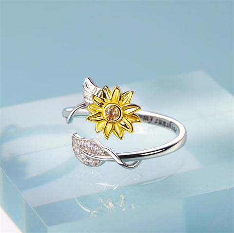 Sterling Silver You are My Sunshine Sunflower CZ Heart Ring