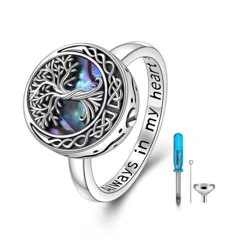 Tree of Life Urn Ring for Ashes Sterling Silver Abalone Shell Tree of Life Cremation Jewelry for Ashes Memory Jewelry