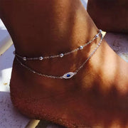 Double Layered Chain 925 Sterling Silver Evil Eye Anklet for Girls Women Summer Beach Bead Ankle Bracelet